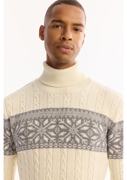 Erkek Ekru Balıkçı Yaka Soft Touch Desenli Triko Regular Fit Kazak A52Y5072 fiyatları