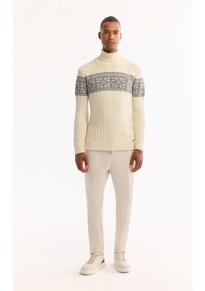 Erkek Ekru Balıkçı Yaka Soft Touch Desenli Triko Regular Fit Kazak A52Y5072