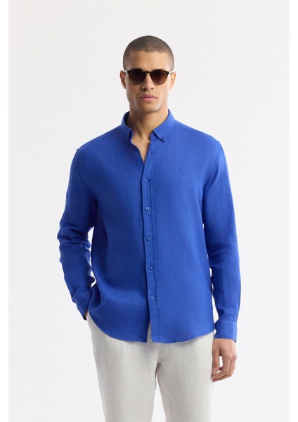 Erkek Saks Düğmeli Yaka %100 Keten Comfort Fit Gömlek B002191