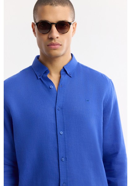 Erkek Saks Düğmeli Yaka %100 Keten Comfort Fit Gömlek B002191 fiyatları