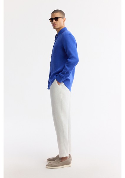 Erkek Saks Düğmeli Yaka %100 Keten Comfort Fit Gömlek B002191 modelleri