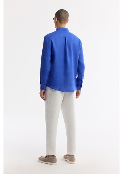 Erkek Saks Düğmeli Yaka %100 Keten Comfort Fit Gömlek B002191 fırsatları