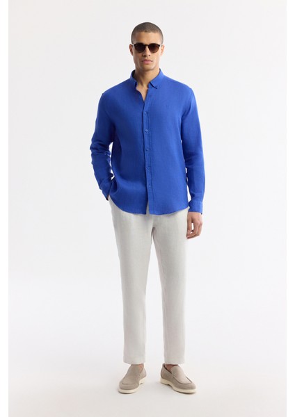 Erkek Saks Düğmeli Yaka %100 Keten Comfort Fit Gömlek B002191 indirimleri