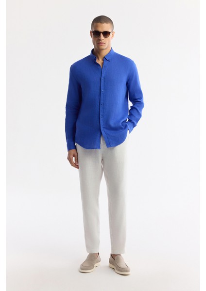 Erkek Saks Düğmeli Yaka %100 Keten Comfort Fit Gömlek B002191