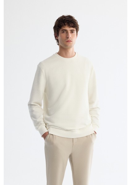 Erkek Ekru Bisiklet Yaka Baskılı İnterlok Regular Fit Sweatshirt A42Y1296