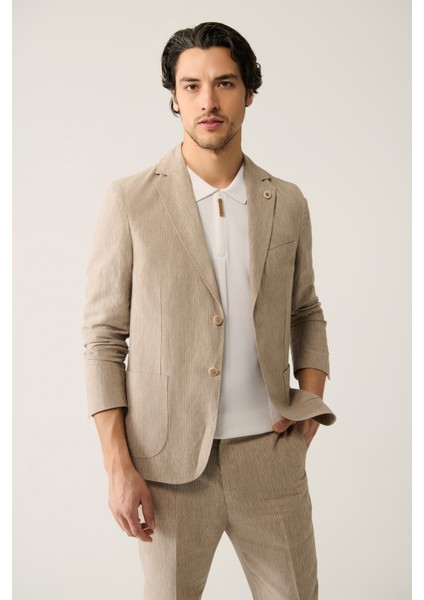 Erkek Vizon Astarsız Keten Karışımlı Comfort Slim Fit Takım Elbise Ceketi A41Y4060