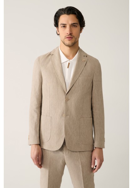 Erkek Vizon Astarsız Keten Karışımlı Comfort Slim Fit Takım Elbise Ceketi A41Y4060 modelleri
