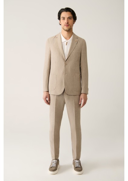 Erkek Vizon Astarsız Keten Karışımlı Comfort Slim Fit Takım Elbise Ceketi A41Y4060 indirimleri