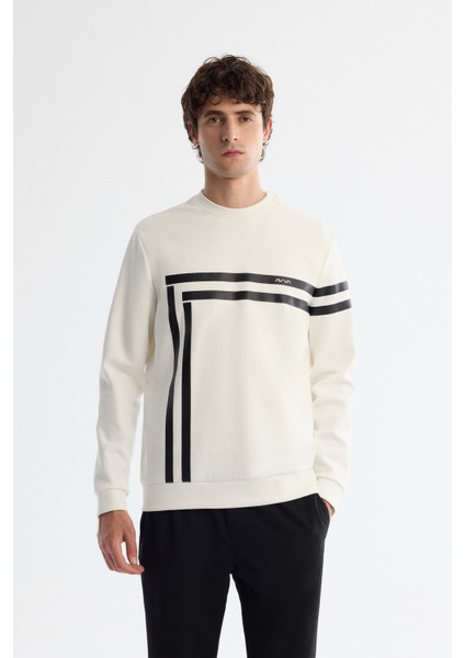 Erkek Ekru Bisiklet Yaka Pamuklu Baskılı Elastan Regular Fit Sweatshirt A42Y1284