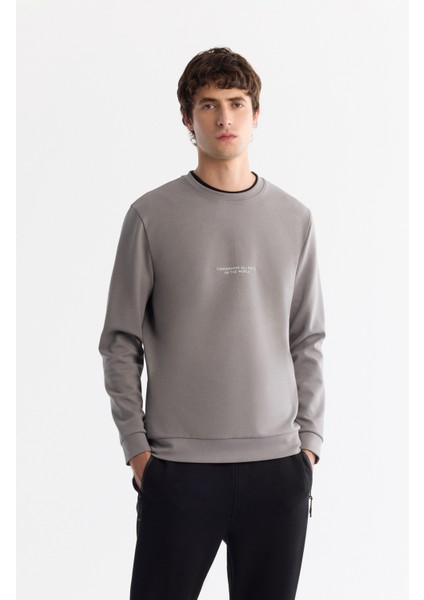 Erkek Gri Bisiklet Yaka Pamuklu Baskılı Elastan Regular Fit Sweatshirt A42Y1313