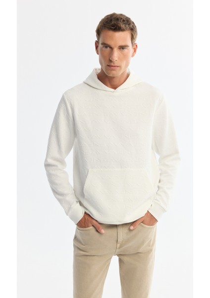 Erkek Ekru Kapüşonlu Baskılı Elastan Regular Fit Sweatshirt A42Y1332