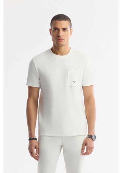 Erkek Ekru Bisiklet Yaka Baskılı Bi-Stretch İnterlok Regular Fit T-Shirt A51Y1161