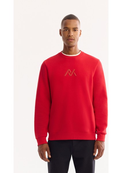 Erkek Kırmızı Bisiklet Yaka Pamuklu Şardonlu Baskılı Regular Fit Sweatshirt A52Y1327