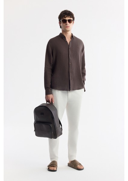 Erkek Kırık Beyaz Beli Bağcıklı Keten Karışımlı Chino Relaxed Fit Pantolon B003036