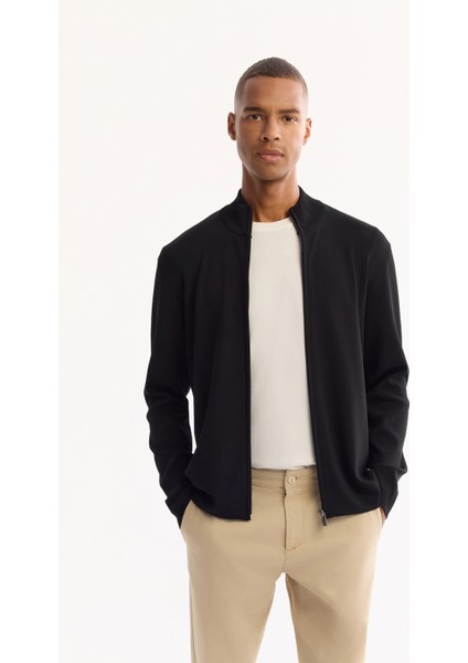 Erkek Siyah Dik Yaka Fermuarlı Rayon Tüylenmeyen Regular Fit Hırka A52Y5013