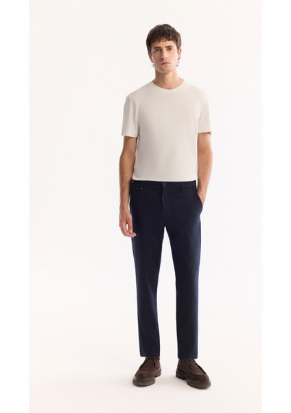 Erkek Lacivert Viskon Karışımlı Kolay Ütülenen Çizgili Slim Fit Pantolon A52Y3006