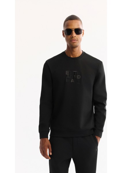 Erkek Siyah Bisiklet Yaka Pamuklu Bi-Stretch Baskılı Regular Fit Sweatshirt A52Y1247
