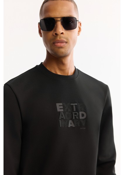 Erkek Siyah Bisiklet Yaka Pamuklu Bi-Stretch Baskılı Regular Fit Sweatshirt A52Y1247