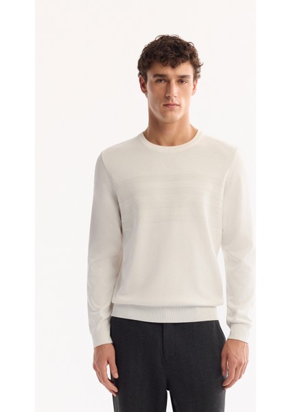 Erkek Ekru Bisiklet Yaka Rayon Tüylenmeyen Dokulu Triko Regular Fit Kazak A52Y5015