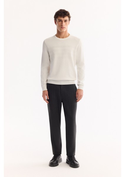 Erkek Ekru Bisiklet Yaka Rayon Tüylenmeyen Dokulu Triko Regular Fit Kazak A52Y5015