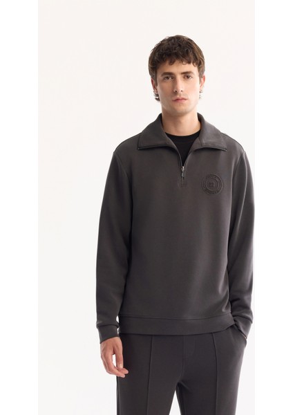 Erkek Antrasit Dik Yaka Fermuarlı Soft Touch Baskılı Regular Fit Sweatshirt A52Y1273