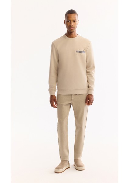 Erkek Bej Bisiklet Yaka Pamuklu Bi-Stretch Baskılı Regular Fit Sweatshirt A52Y1260