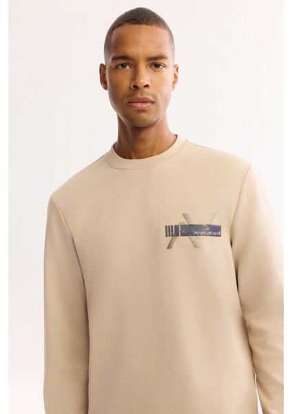 Erkek Bej Bisiklet Yaka Pamuklu Bi-Stretch Baskılı Regular Fit Sweatshirt A52Y1260