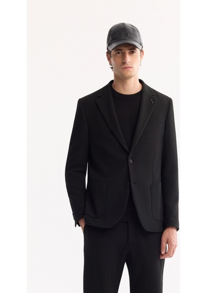 Erkek Siyah Mono Yaka Bi-Stretch Hafif Çizgili Blazer Comfort Slim Fit Ceket A52Y4004
