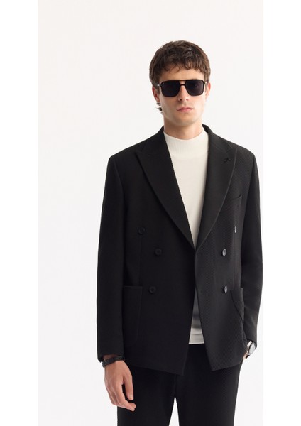 Erkek Siyah Kruvaze Bi-Stretch Hafif Dokulu Blazer Comfort Slim Fit Ceket A52Y4018