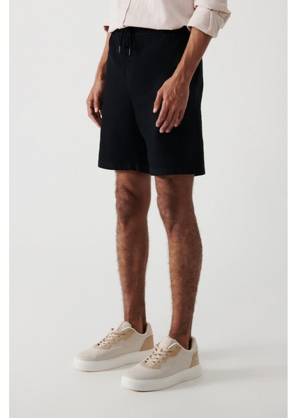 Erkek Siyah %100 Pamuk Yandan Cepli Beli Lastikli Keten Dokulu Relaxed Fit Şort E003603 modelleri
