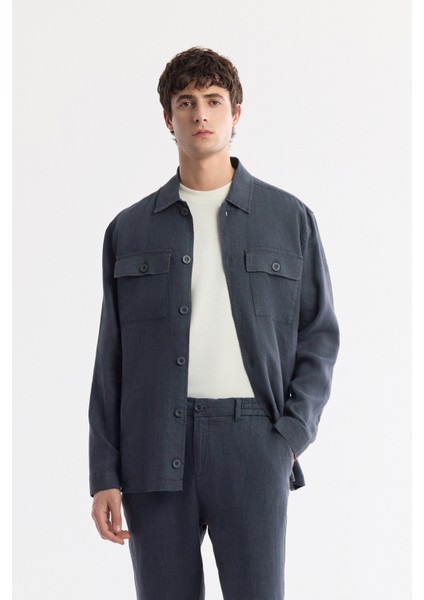 Erkek Antrasit Beli Lastikli %100 Keten Relaxed Fit Pantolon B003032