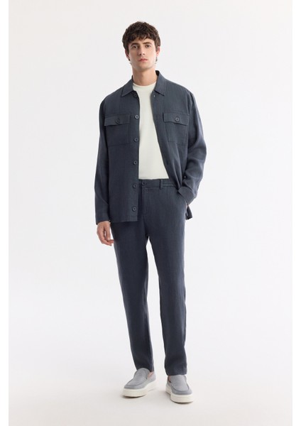 Erkek Antrasit Beli Lastikli %100 Keten Relaxed Fit Pantolon B003032