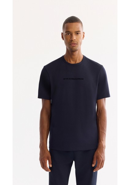Erkek Lacivert Bisiklet Yaka Viskon Karışımlı Bi-Stretch Baskılı Regular Fit T-Shirt A52Y1014