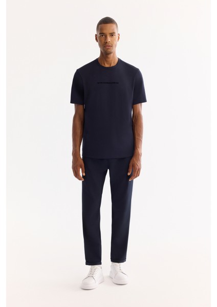 Erkek Lacivert Bisiklet Yaka Viskon Karışımlı Bi-Stretch Baskılı Regular Fit T-Shirt A52Y1014