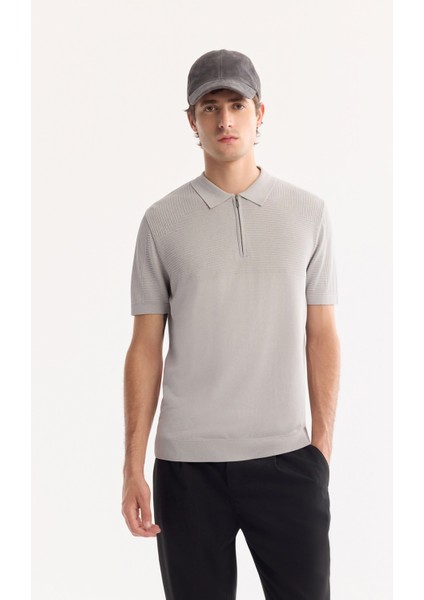 Erkek Gri Polo Yaka Fermuarlı Rayon Tüylenmeyen Triko Regular Fit T-Shirt A52Y5006
