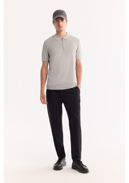 Erkek Gri Polo Yaka Fermuarlı Rayon Tüylenmeyen Triko Regular Fit T-Shirt A52Y5006