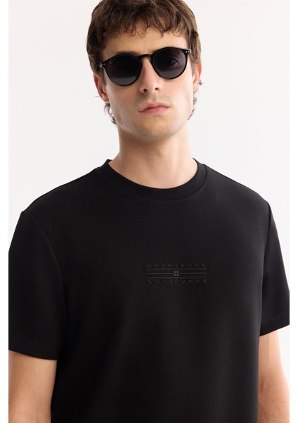Erkek Siyah Bisiklet Yaka Viskon Karışımlı Bi-Stretch Baskılı Regular Fit T-Shirt A52Y1018