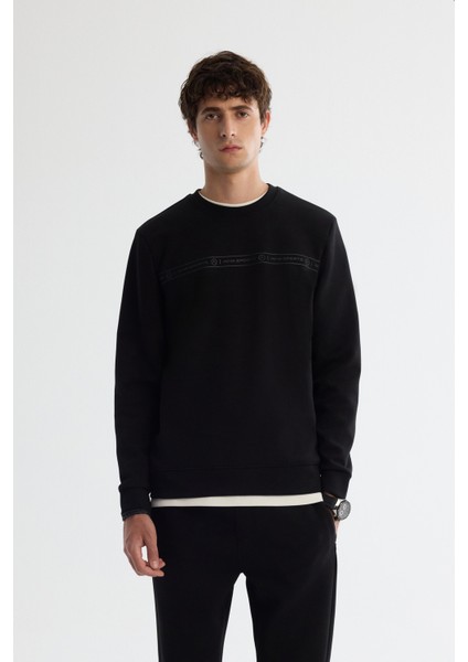 Erkek Siyah Bisiklet Yaka Pamuklu Baskılı Elastan Regular Fit Sweatshirt A42Y1308