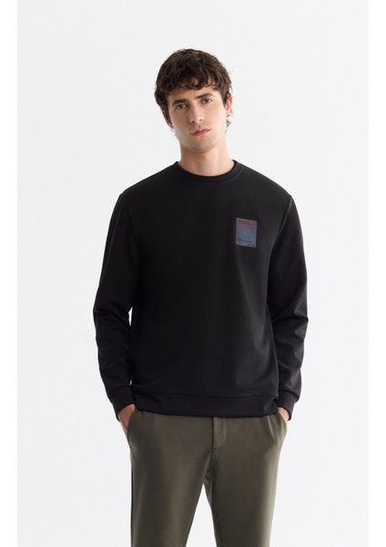 Erkek Siyah Bisiklet Yaka Pamuklu Baskılı Elastan Regular Fit Sweatshirt A42Y1286