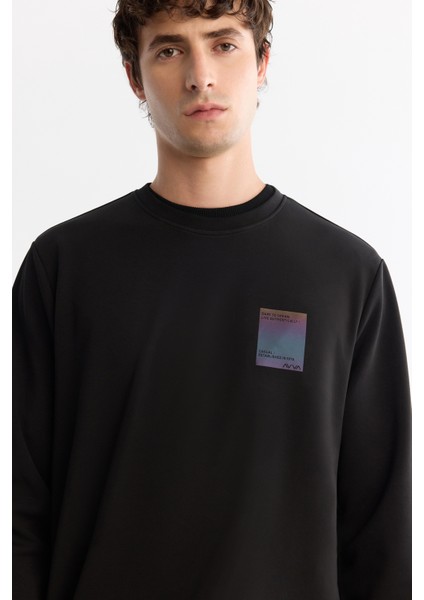 Erkek Siyah Bisiklet Yaka Pamuklu Baskılı Elastan Regular Fit Sweatshirt A42Y1286 fiyatları