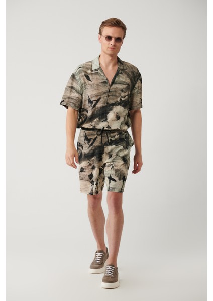 Erkek Gri %100 Viskon Beli Lastikli Desenli Etenna Relaxed Fit Şort A41Y3734