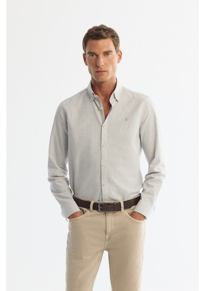 Erkek Gri Düğmeli Yaka %100 Pamuk Flanel Slim Fit Gömlek A42Y2002