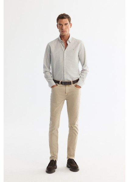 Erkek Gri Düğmeli Yaka %100 Pamuk Flanel Slim Fit Gömlek A42Y2002