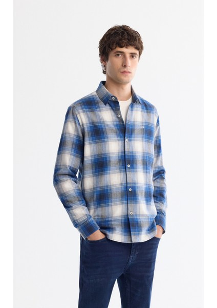 Erkek Lacivert Düğmeli Yaka %100 Pamuk Flanel Regular Fit Gömlek A42Y2004