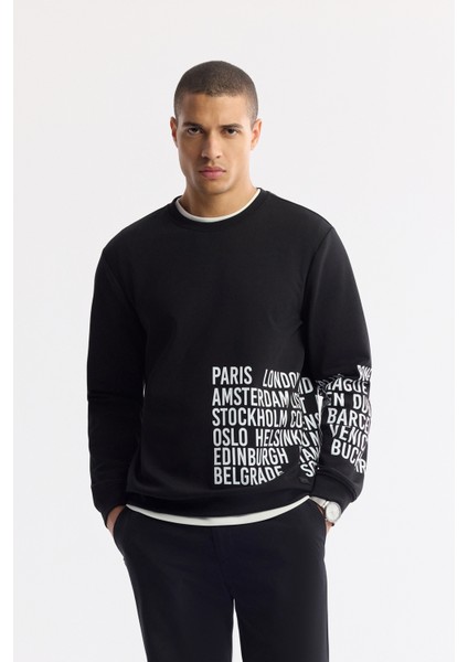 Erkek Siyah Bisiklet Yaka Baskılı Bi-Stretch İnterlok Regular Fit Sweatshirt A51Y1237