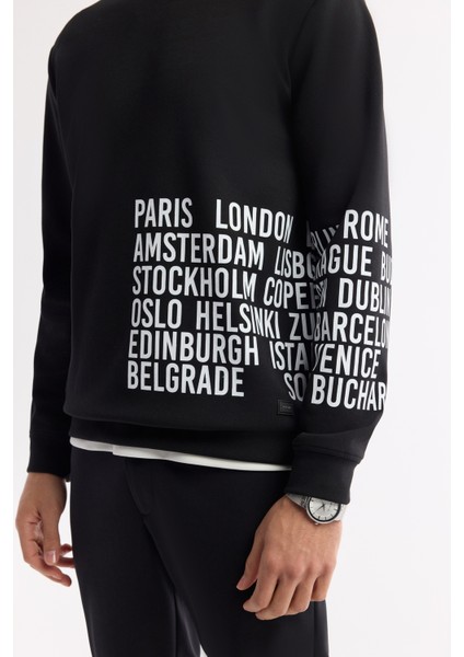 Erkek Siyah Bisiklet Yaka Baskılı Bi-Stretch İnterlok Regular Fit Sweatshirt A51Y1237 fiyatları
