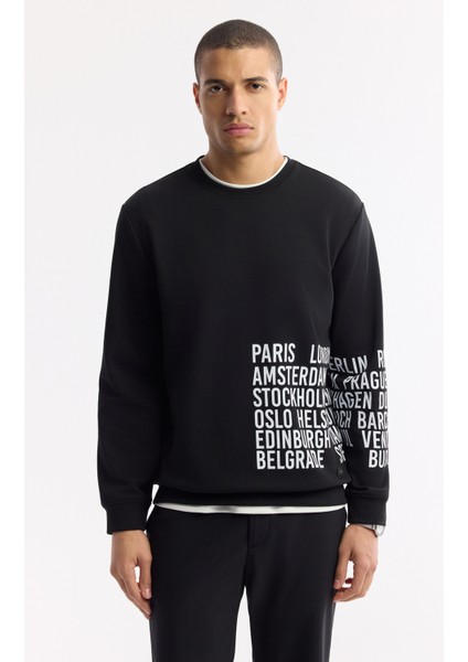 Erkek Siyah Bisiklet Yaka Baskılı Bi-Stretch İnterlok Regular Fit Sweatshirt A51Y1237