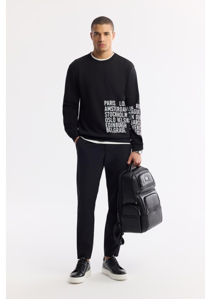 Erkek Siyah Bisiklet Yaka Baskılı Bi-Stretch İnterlok Regular Fit Sweatshirt A51Y1237