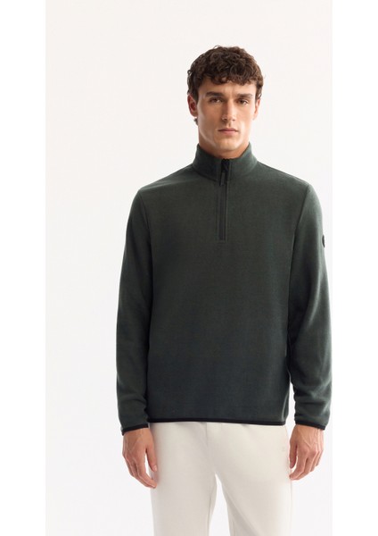 Erkek Yeşil Dik Yaka Fermuarlı Soft Touch Polar Regular Fit Sweatshirt E001068