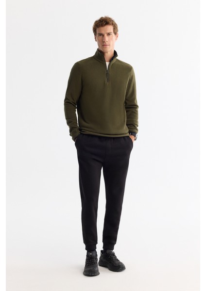 Erkek Yeşil Dik Yaka Fermuarlı Soft Touch Polar Regular Fit Sweatshirt E001068